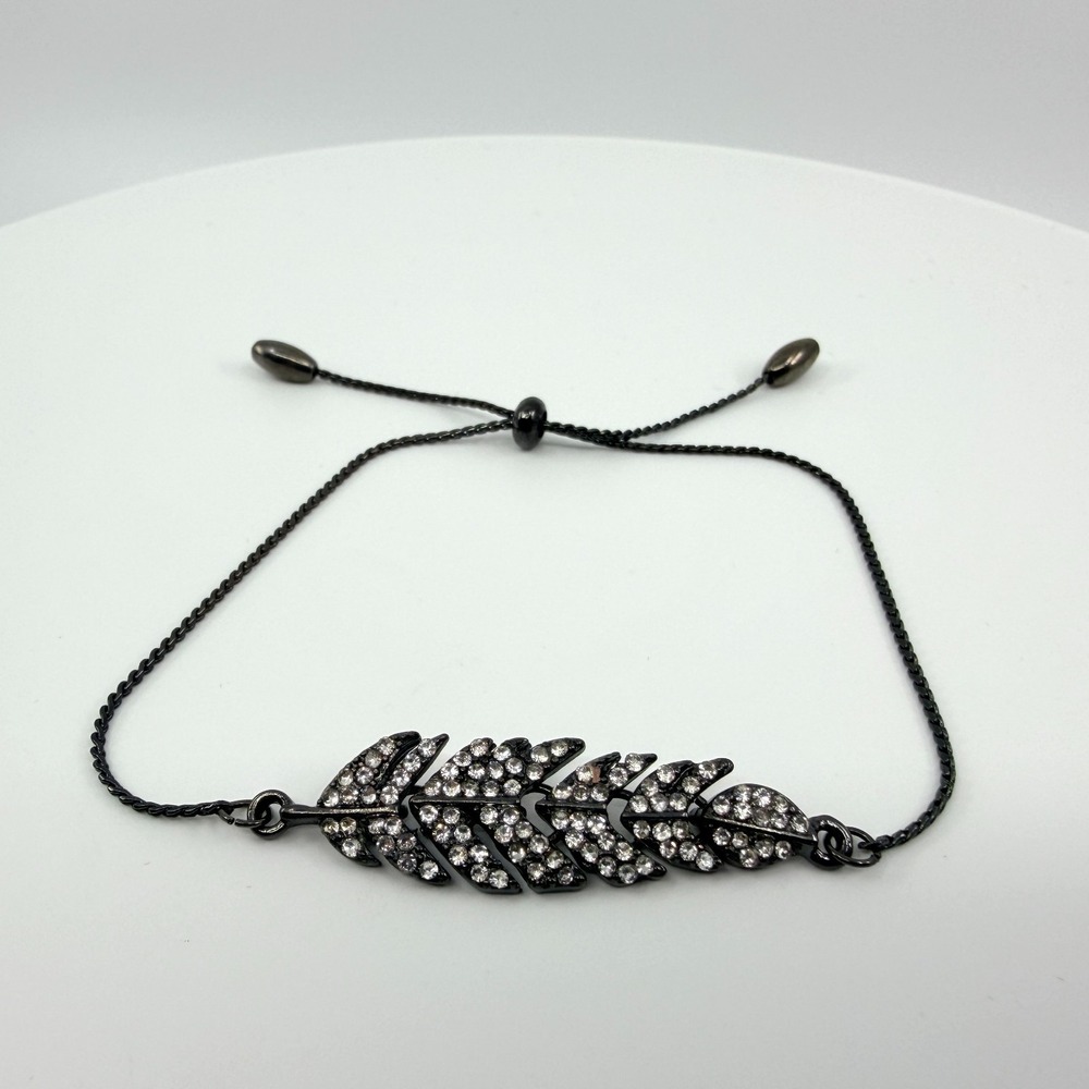 Vintage Gunmetal Feather Bracelet with Rhinestone Accent Adjustable Bolo